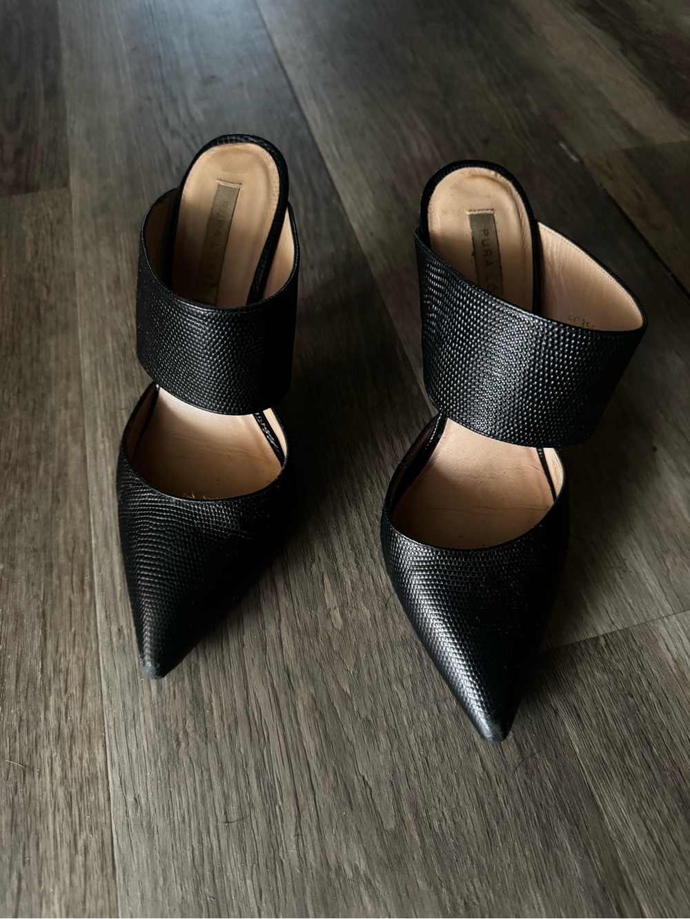 Pura Lopez Black Pointed-Toe Mule Heels with Wide Strap